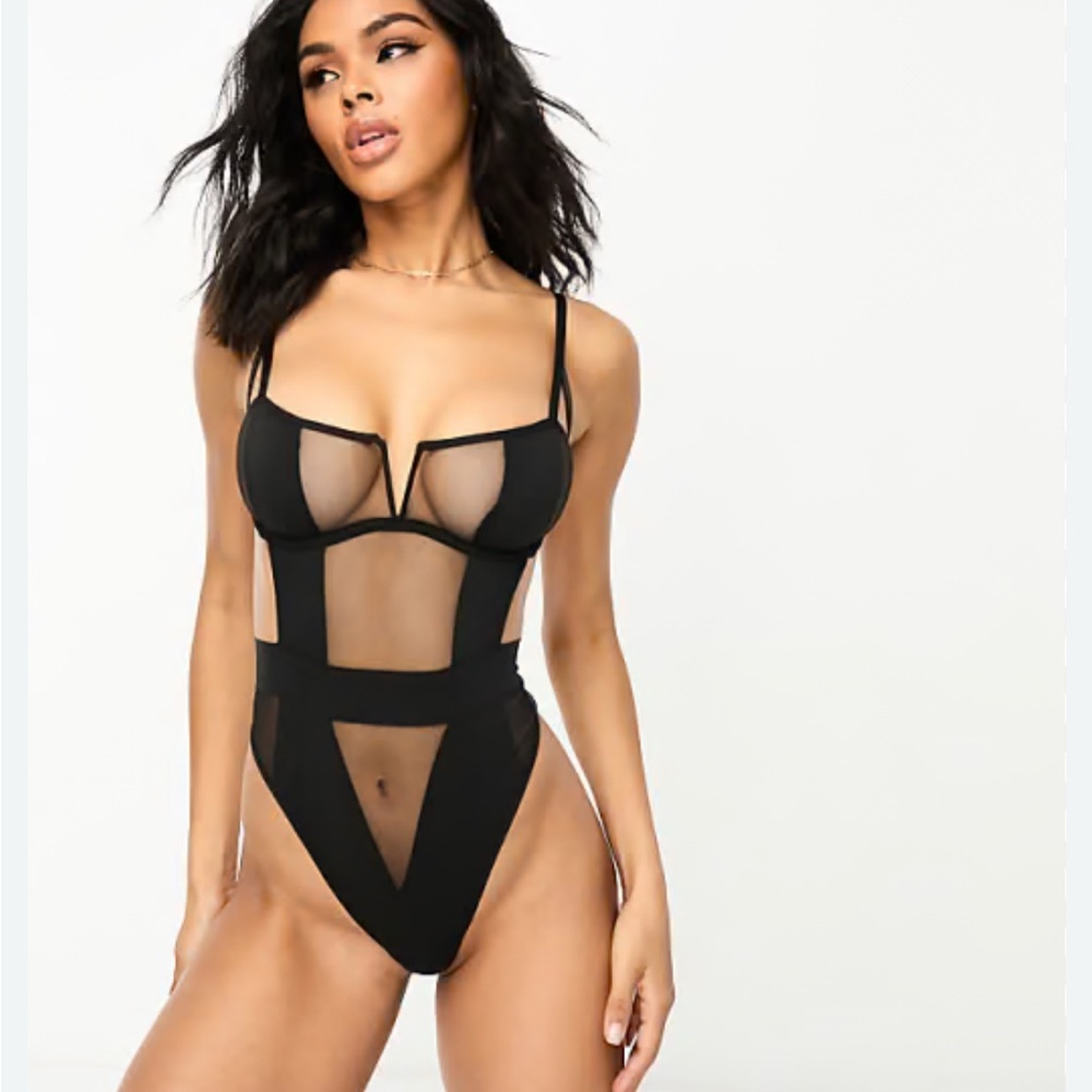 New! Bluebella Orla Black Wired Bodysuit Teddy Mesh Sheer 34DD